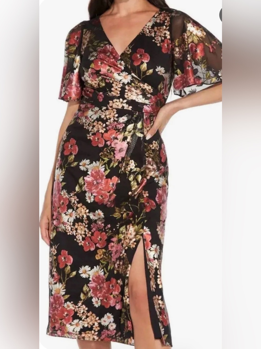 Adrianna Papell Black Midi Dress with Pink and Coral Floral Print